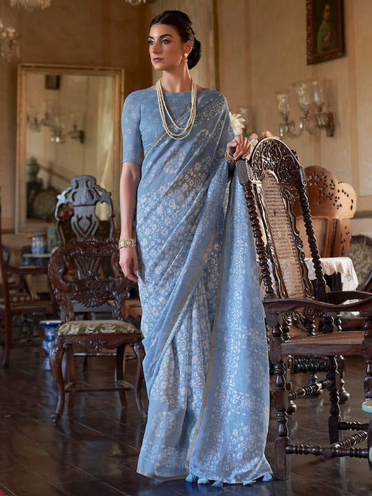 Anouk Floral Printed Zari Bagru Saree With Matching Blouse