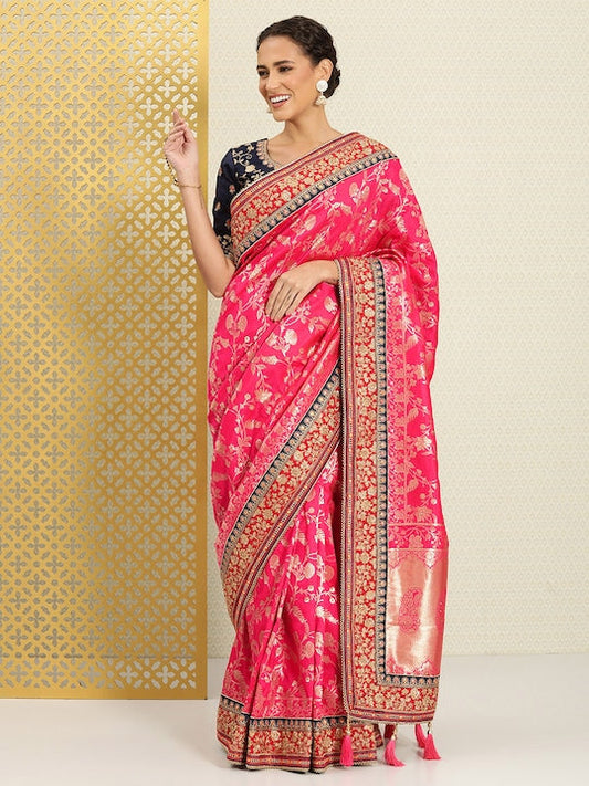 House of Pataudi Floral Zari Silk Blend Banarasi Saree