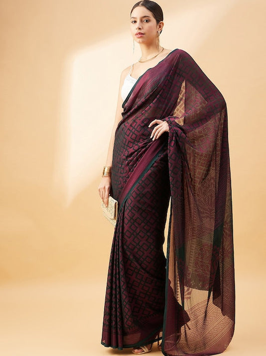 All about you Green & Purple Woven Design Geometric Printed Saree