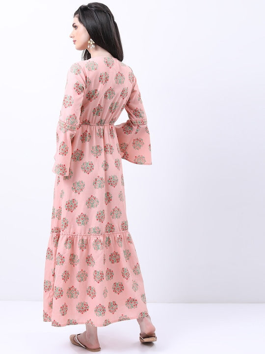 Vishudh Peach-Coloured Floral Print Bell Sleeve Maxi Dress