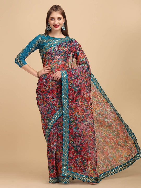 Sangria Red & Green Floral Printed Sequinned Organza Saree