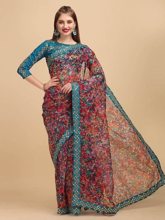 Sangria Red & Green Floral Printed Sequinned Organza Saree
