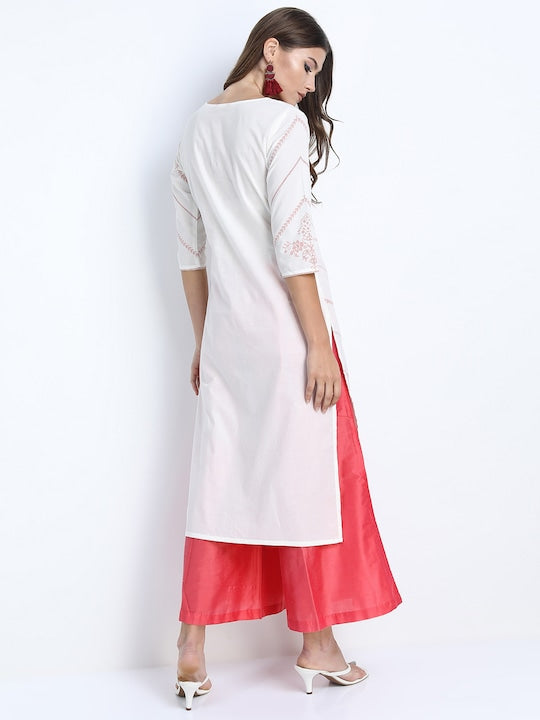 Vishudh Women Cream-Coloured Striped Thread Work Kurta