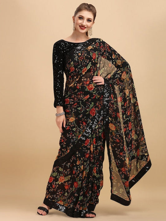 Sangria Floral Printed Embroidered Saree