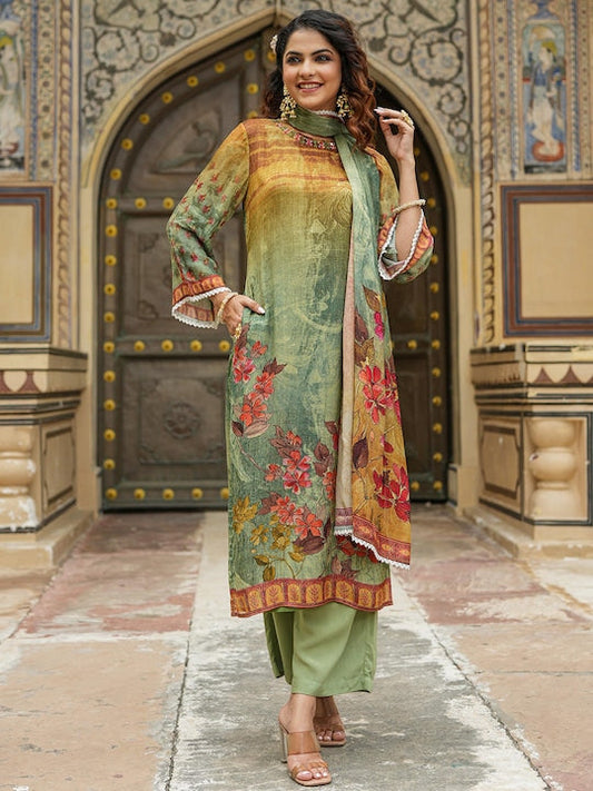 Scakhi Ethnic Motifs Embroidered Mirror Work Silk Crepe Kurta with Trousers & Dupatta