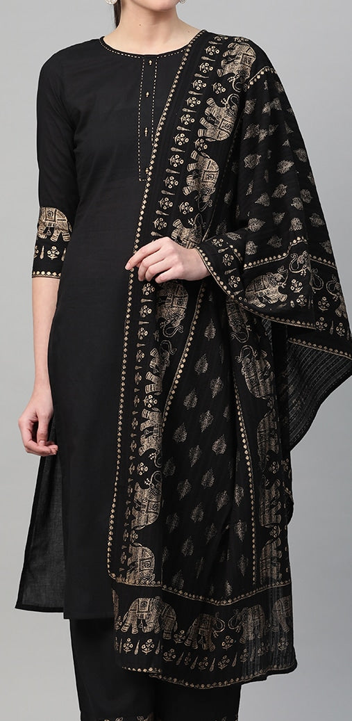 Yufta Women Black & Golden Solid Kurta with Palazzos & Dupatta