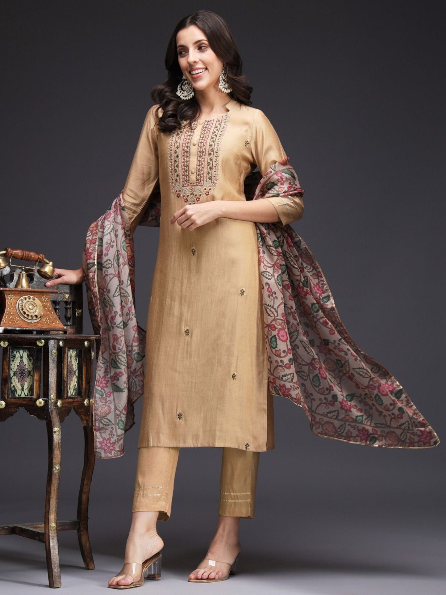 Heeposh Beige Embroidered Kurta and Pants with Organza Printed Dupatta (Set of 3)