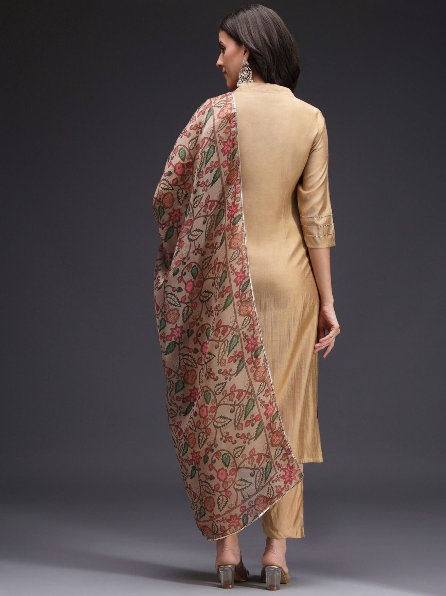 Heeposh Beige Embroidered Kurta and Pants with Organza Printed Dupatta (Set of 3)