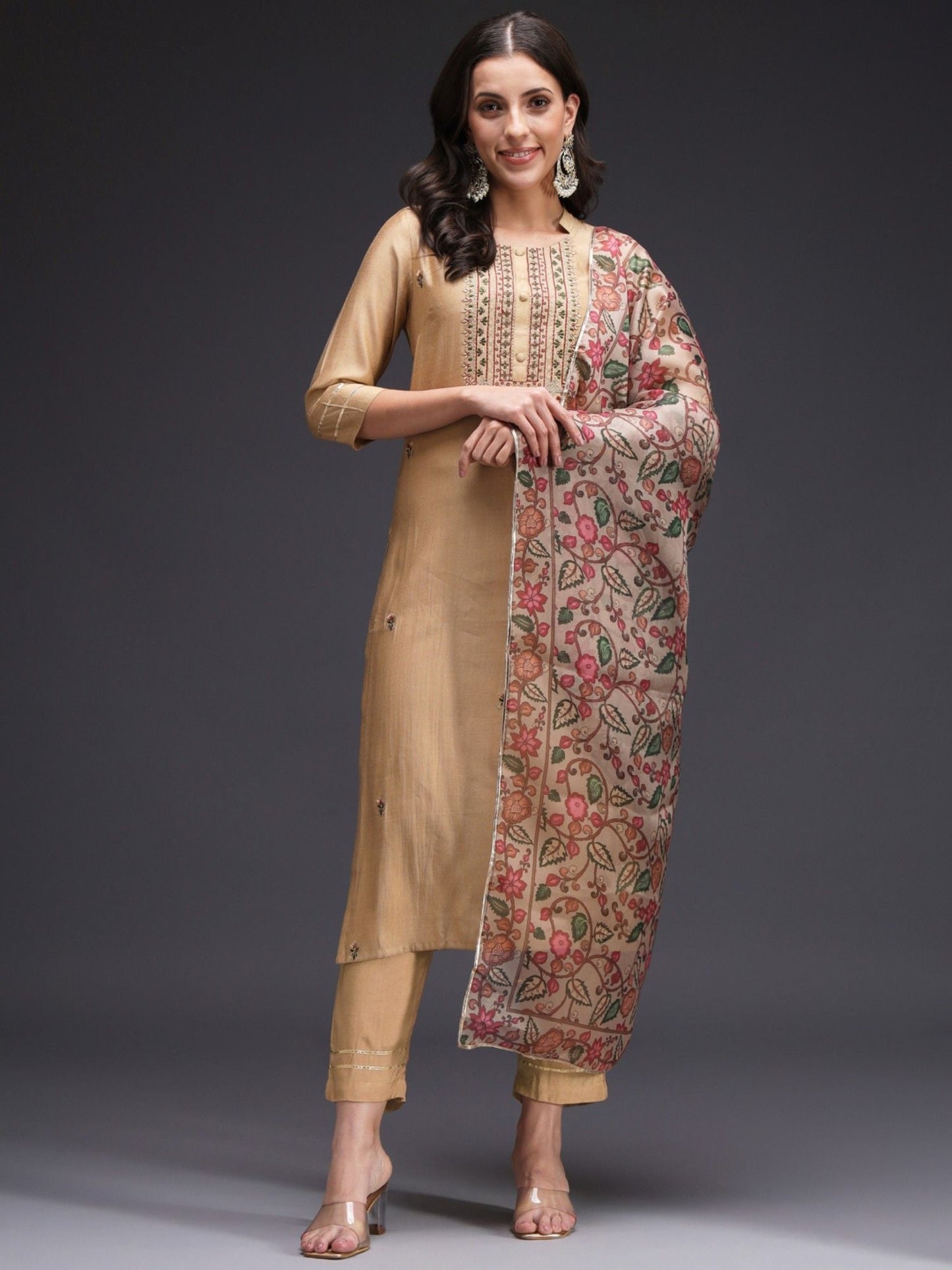Heeposh Beige Embroidered Kurta and Pants with Organza Printed Dupatta (Set of 3)