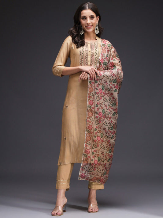 Heeposh Beige Embroidered Kurta and Pants with Organza Printed Dupatta (Set of 3)