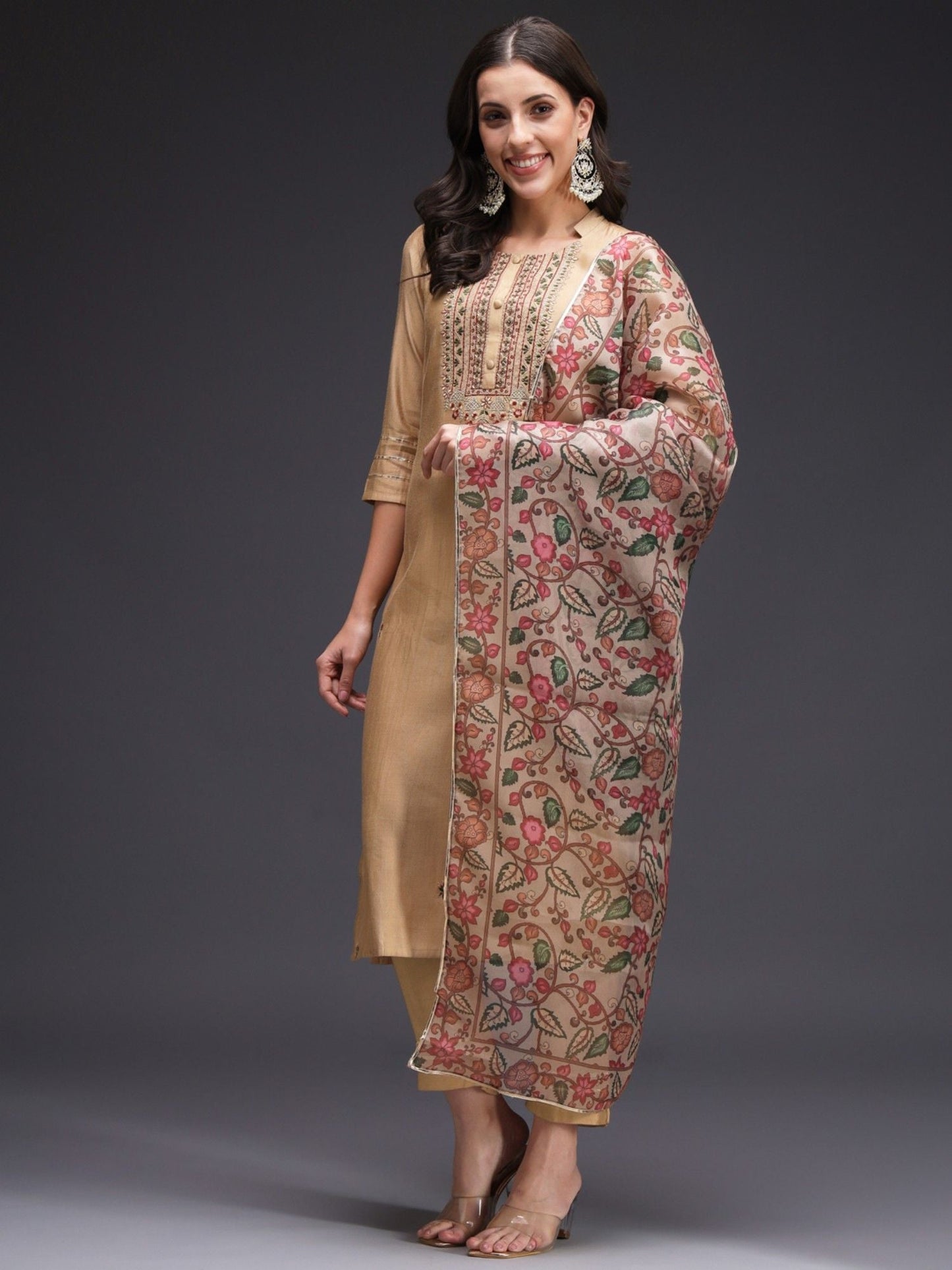 Heeposh Beige Embroidered Kurta and Pants with Organza Printed Dupatta (Set of 3)