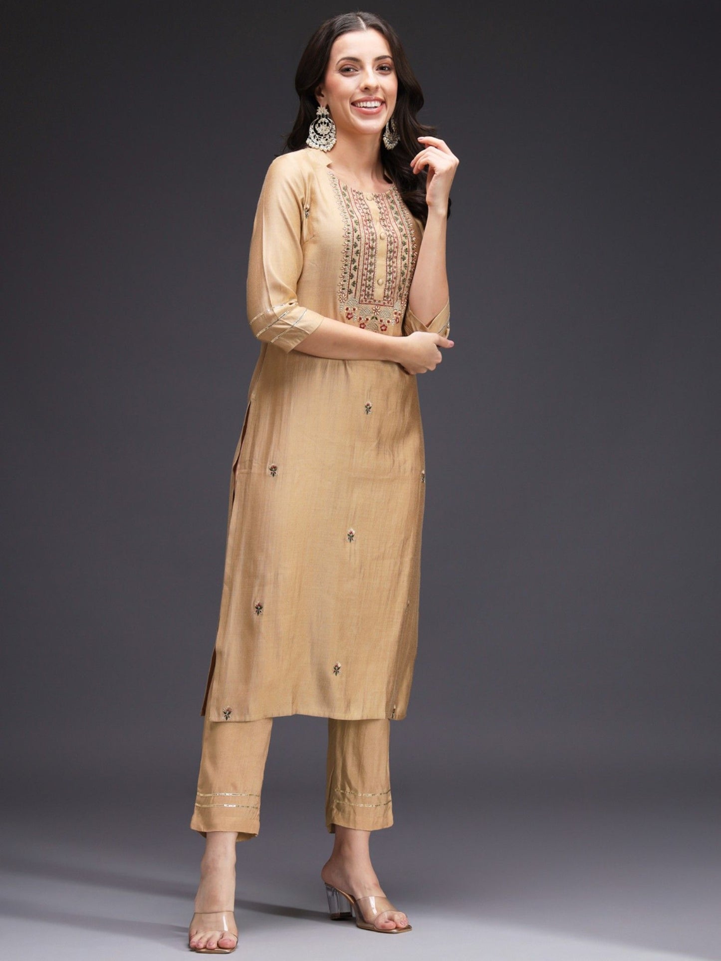 Heeposh Beige Embroidered Kurta and Pants with Organza Printed Dupatta (Set of 3)