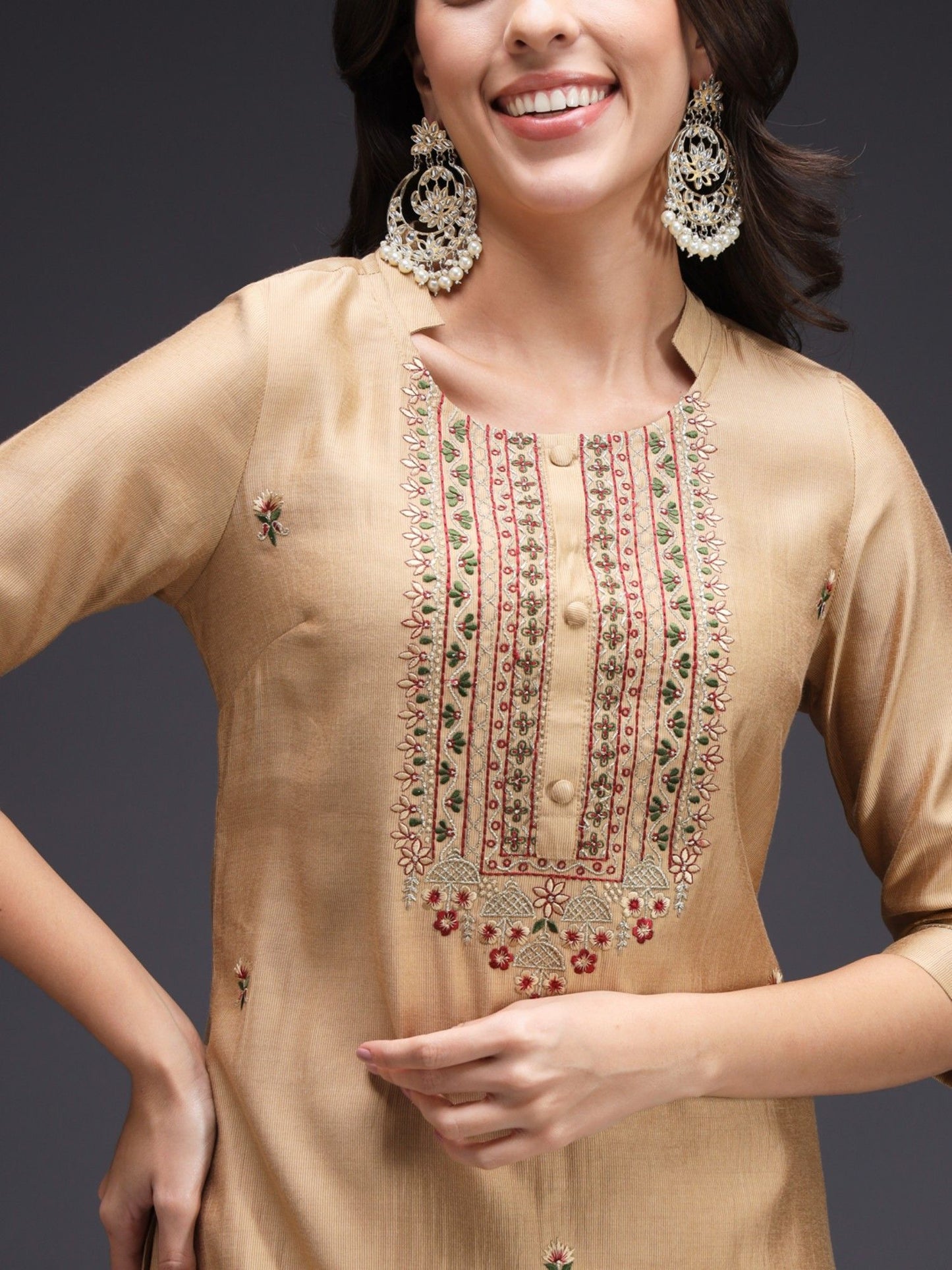 Heeposh Beige Embroidered Kurta and Pants with Organza Printed Dupatta (Set of 3)