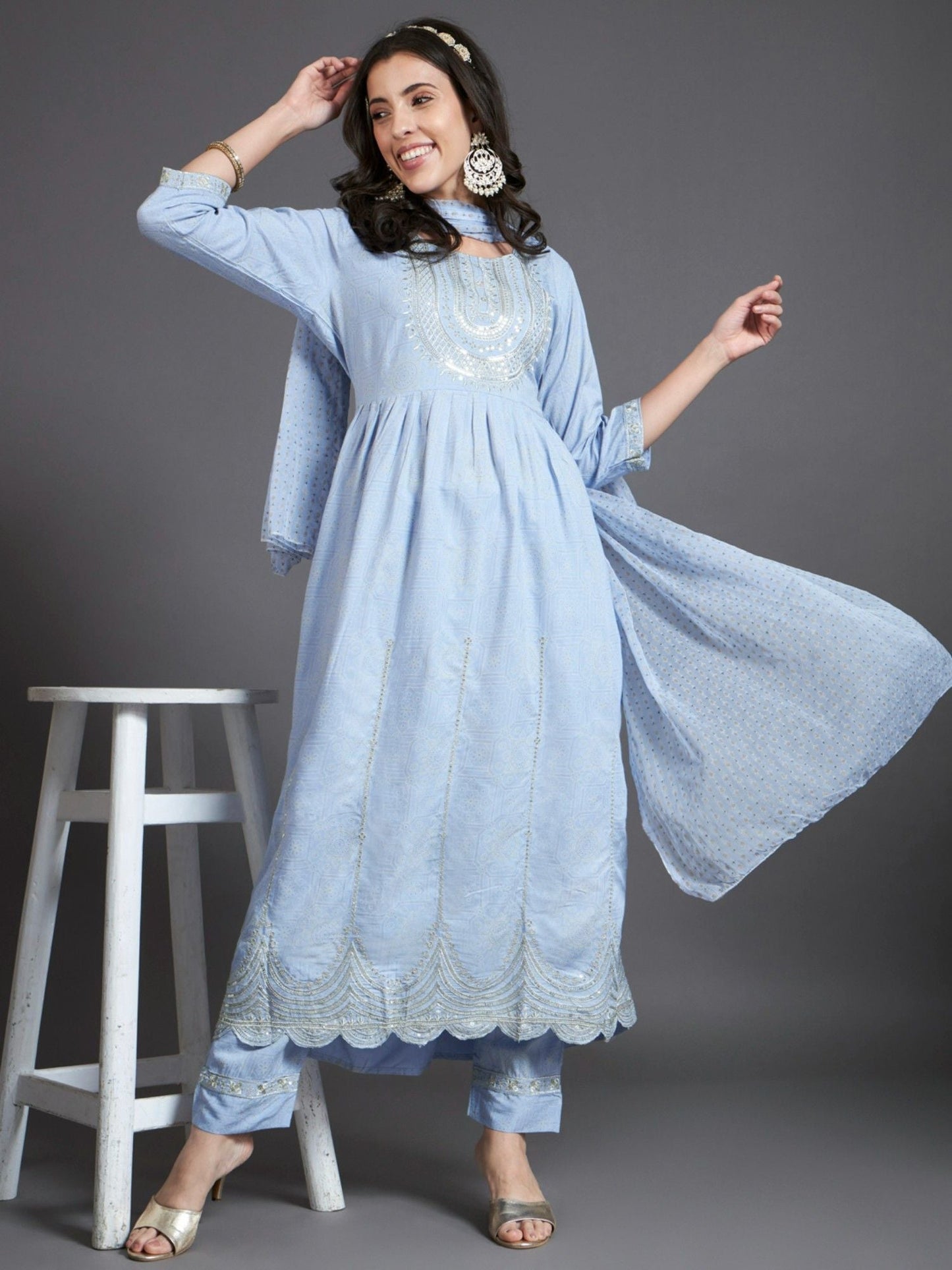 Heeposh Embroidered A-Line Kurta and Pants with Printed Dupatta Blue(Set of 3)