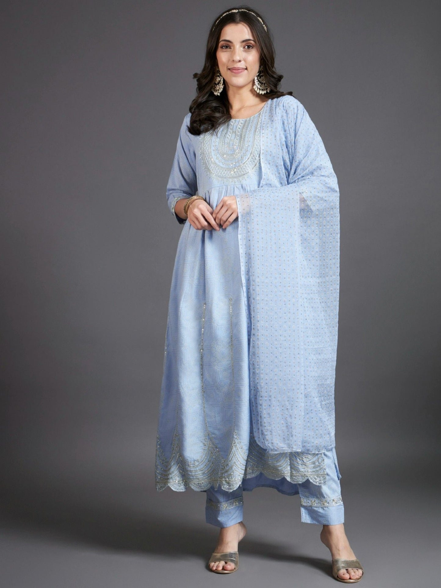 Heeposh Embroidered A-Line Kurta and Pants with Printed Dupatta Blue(Set of 3)