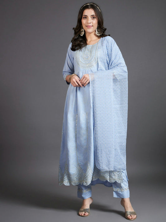 Heeposh Embroidered A-Line Kurta and Pants with Printed Dupatta Blue(Set of 3)