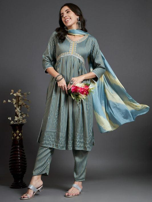 Heeposh Stripe Printed A-Line Kurta and Pants with Tie Dye Dupatta (Set of 3)
