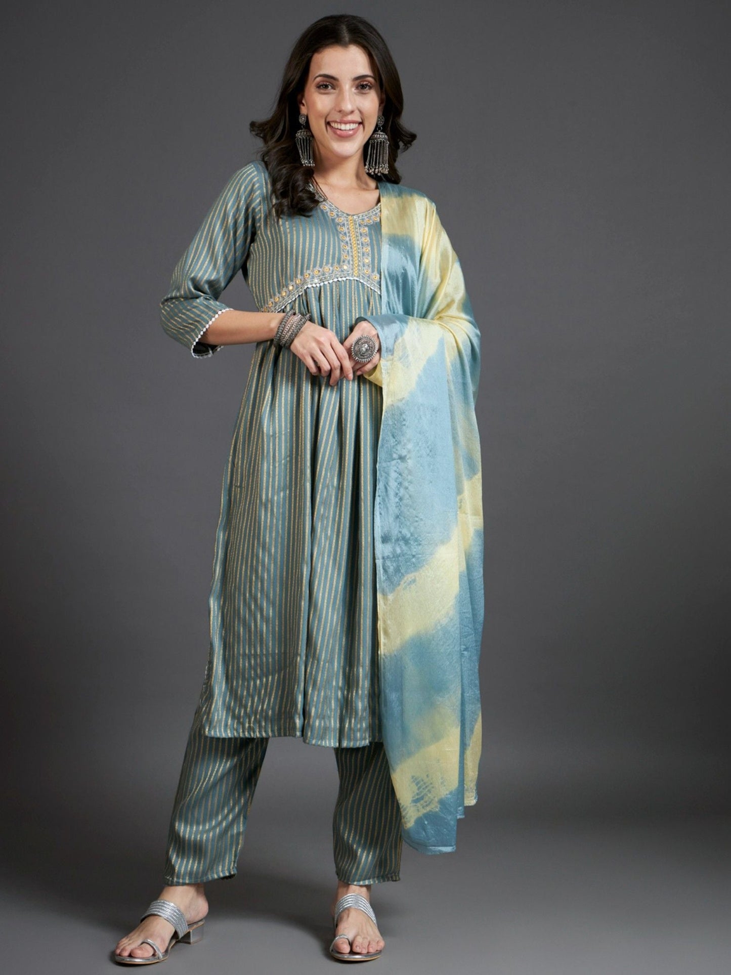Heeposh Stripe Printed A-Line Kurta and Pants with Tie Dye Dupatta (Set of 3)