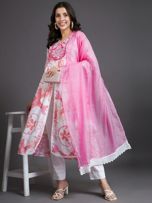 Heeposh Floral Printed A-Line Kurta and Pants with Dupatta (Set of 3)