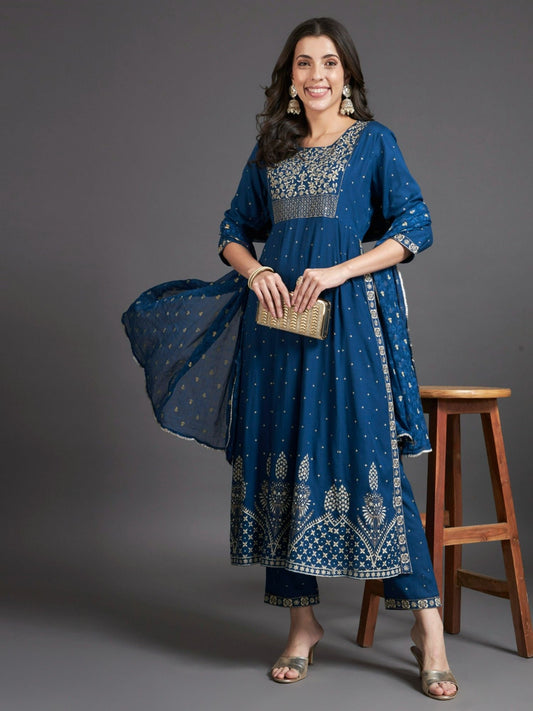 Heeposh Embroidered Kurta and Pants with Khadi Printed Dupatta (Set of 3)