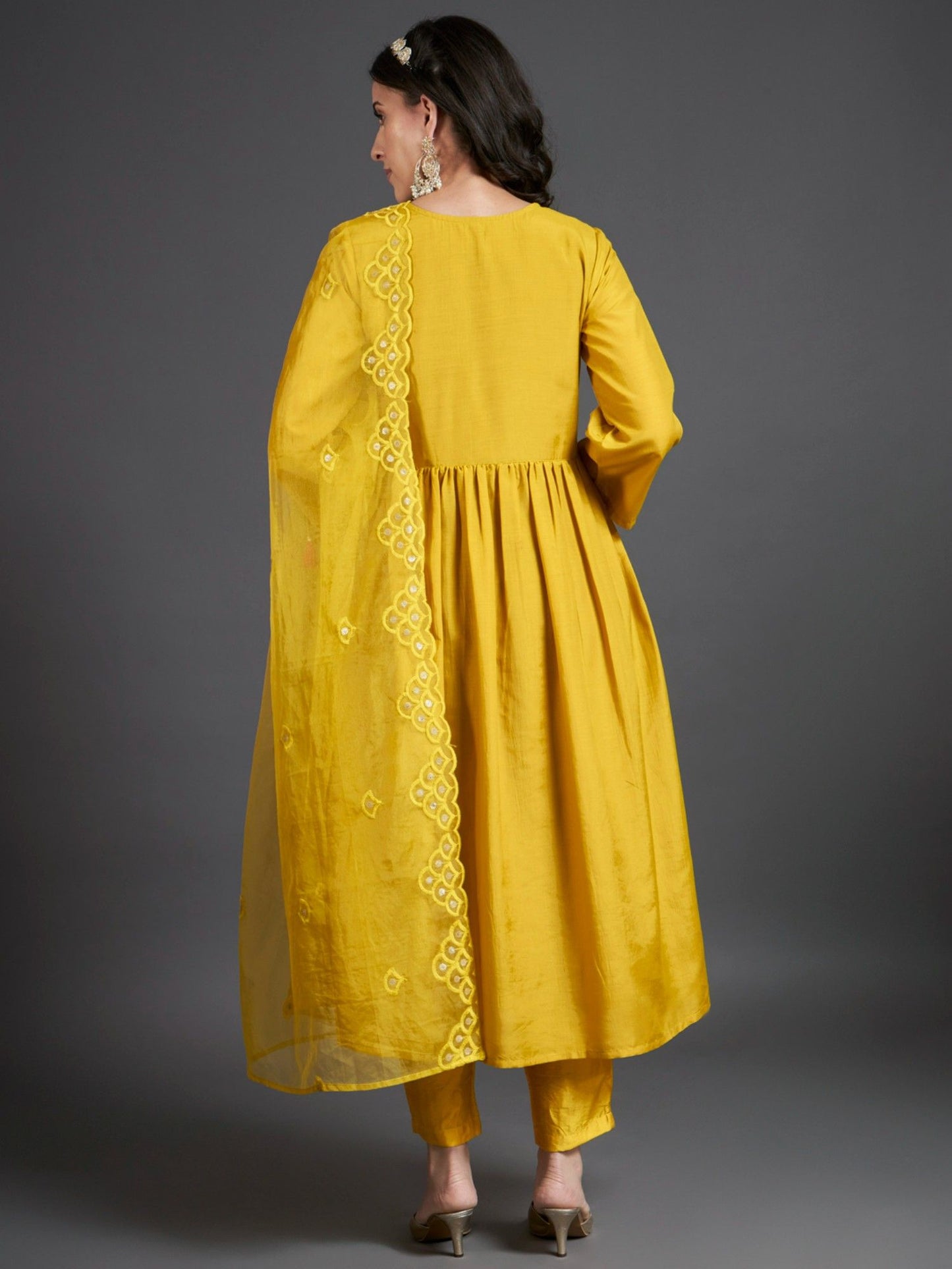 Heeposh Mustard Embroidered Flared Kurta and Pants (Set of 3)