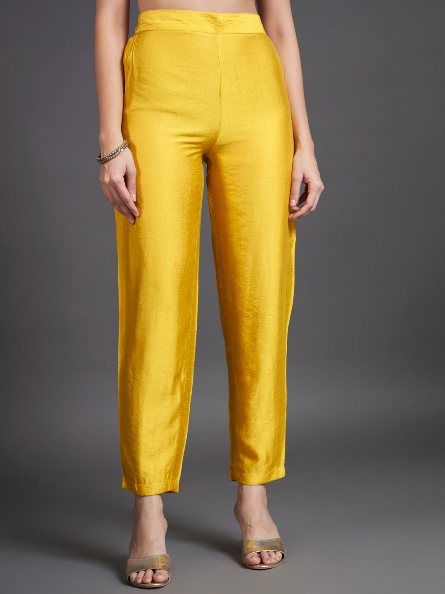 Heeposh Mustard Embroidered Flared Kurta and Pants (Set of 3)