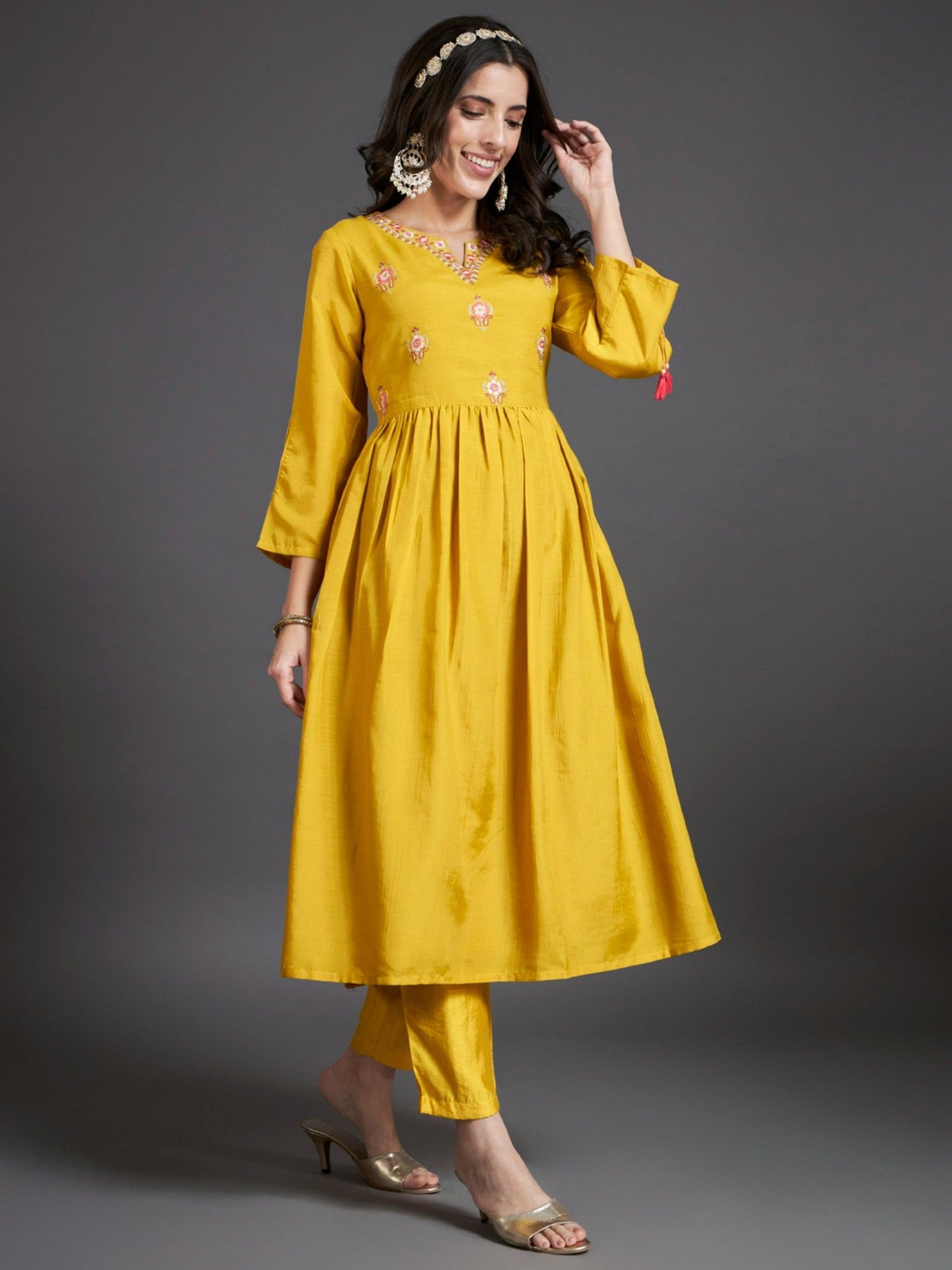 Heeposh Mustard Embroidered Flared Kurta and Pants (Set of 3)