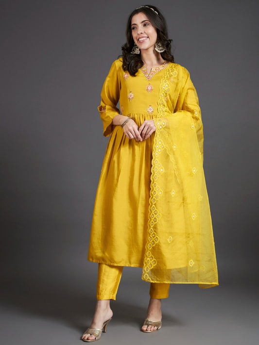 Heeposh Mustard Embroidered Flared Kurta and Pants (Set of 3)