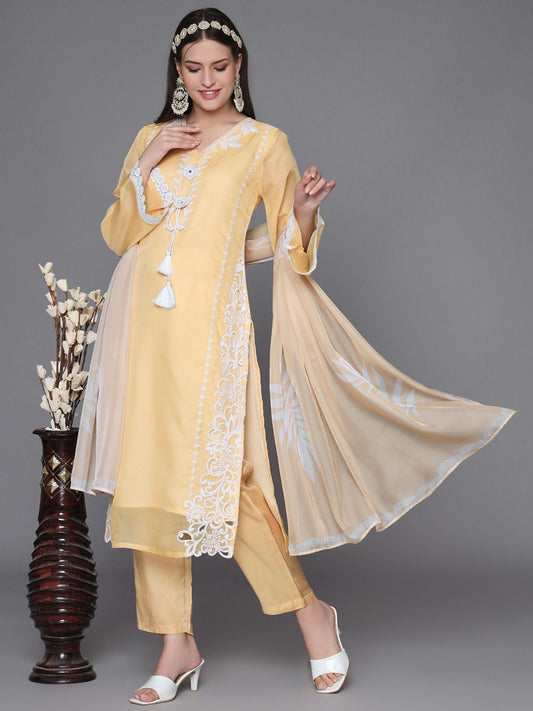 Heeposh Pale Yellow Embroidered Straight Kurta and Pants with Printed Dupatta (Set of 3)