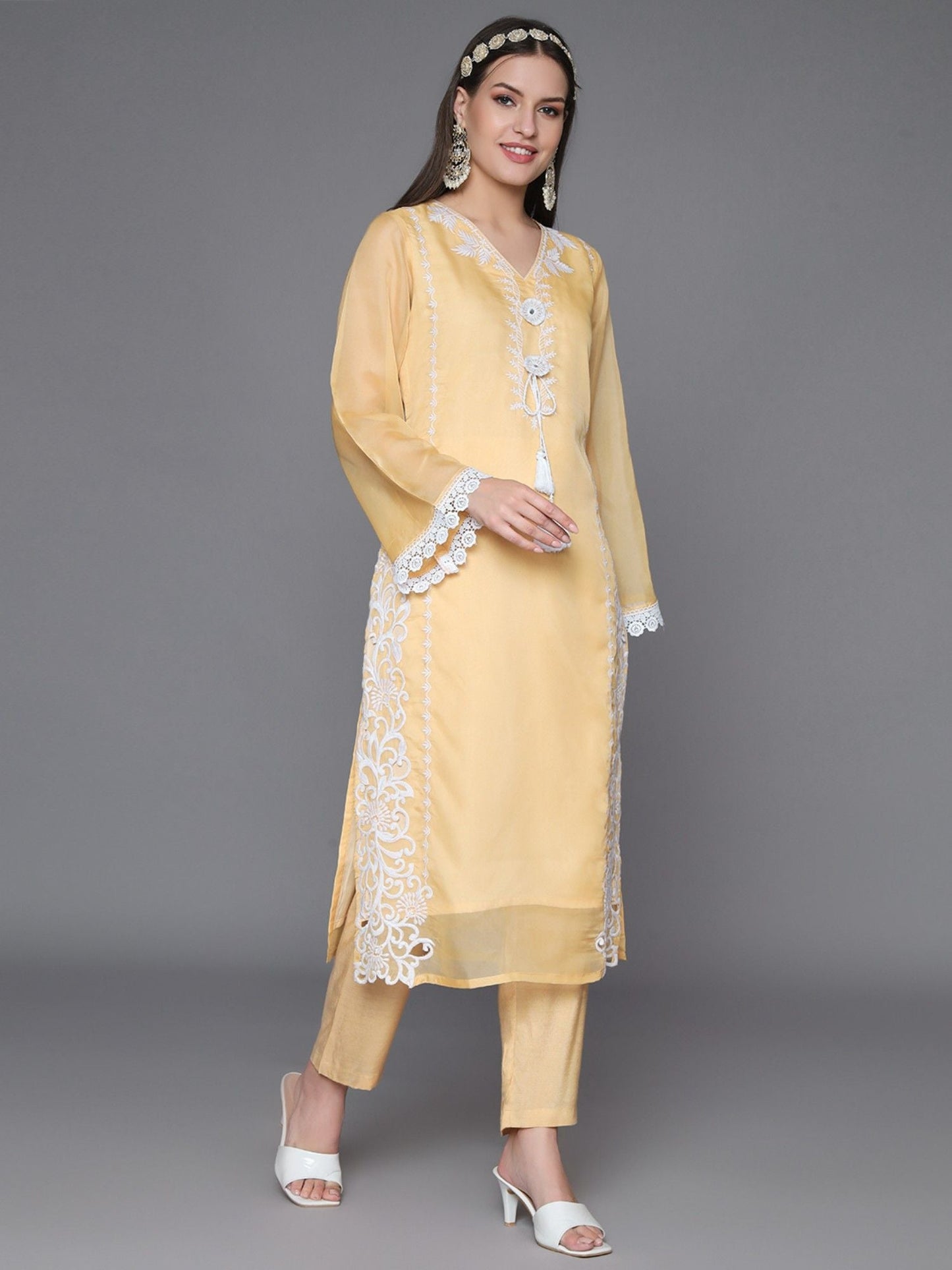 Heeposh Pale Yellow Embroidered Straight Kurta and Pants with Printed Dupatta (Set of 3)
