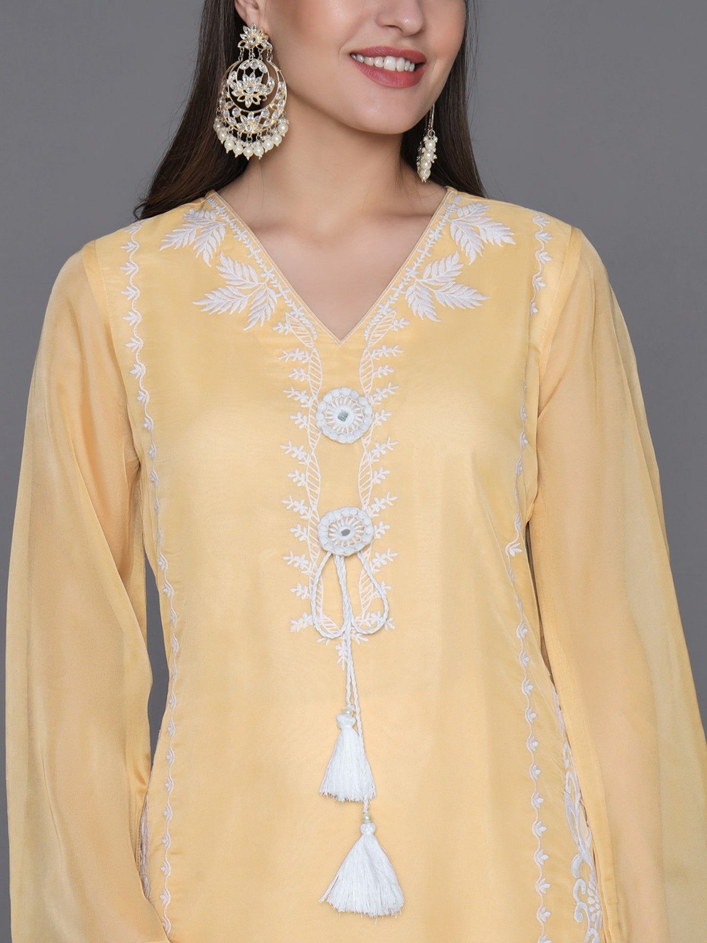 Heeposh Pale Yellow Embroidered Straight Kurta and Pants with Printed Dupatta (Set of 3)