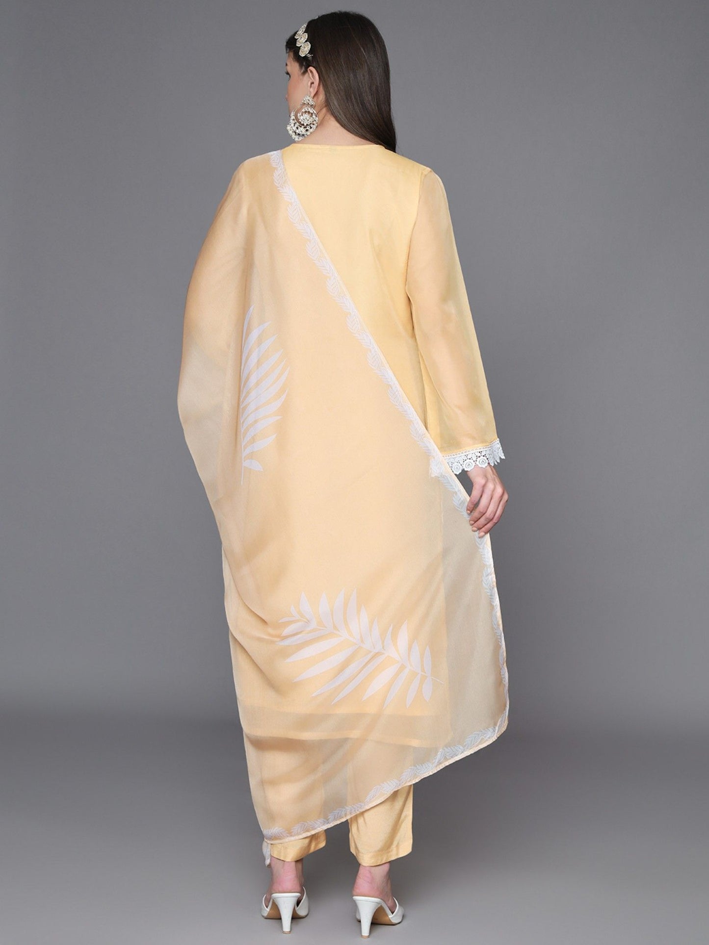 Heeposh Pale Yellow Embroidered Straight Kurta and Pants with Printed Dupatta (Set of 3)