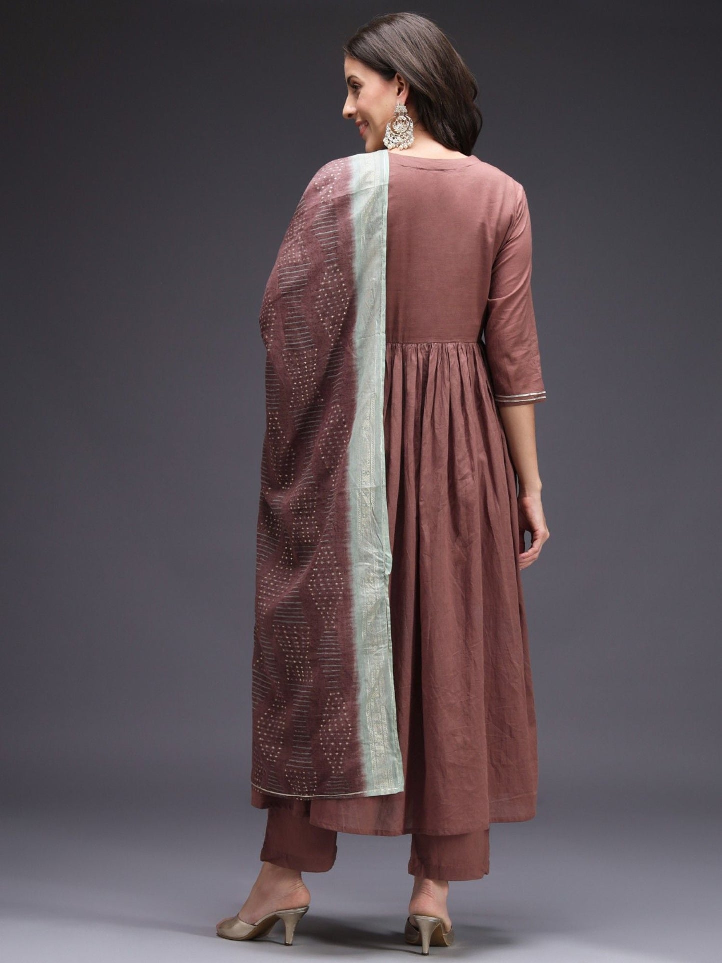 Heeposh Brown Embroidered Cotton Kurta Pants with Mulmul Dupatta (Set of 3)