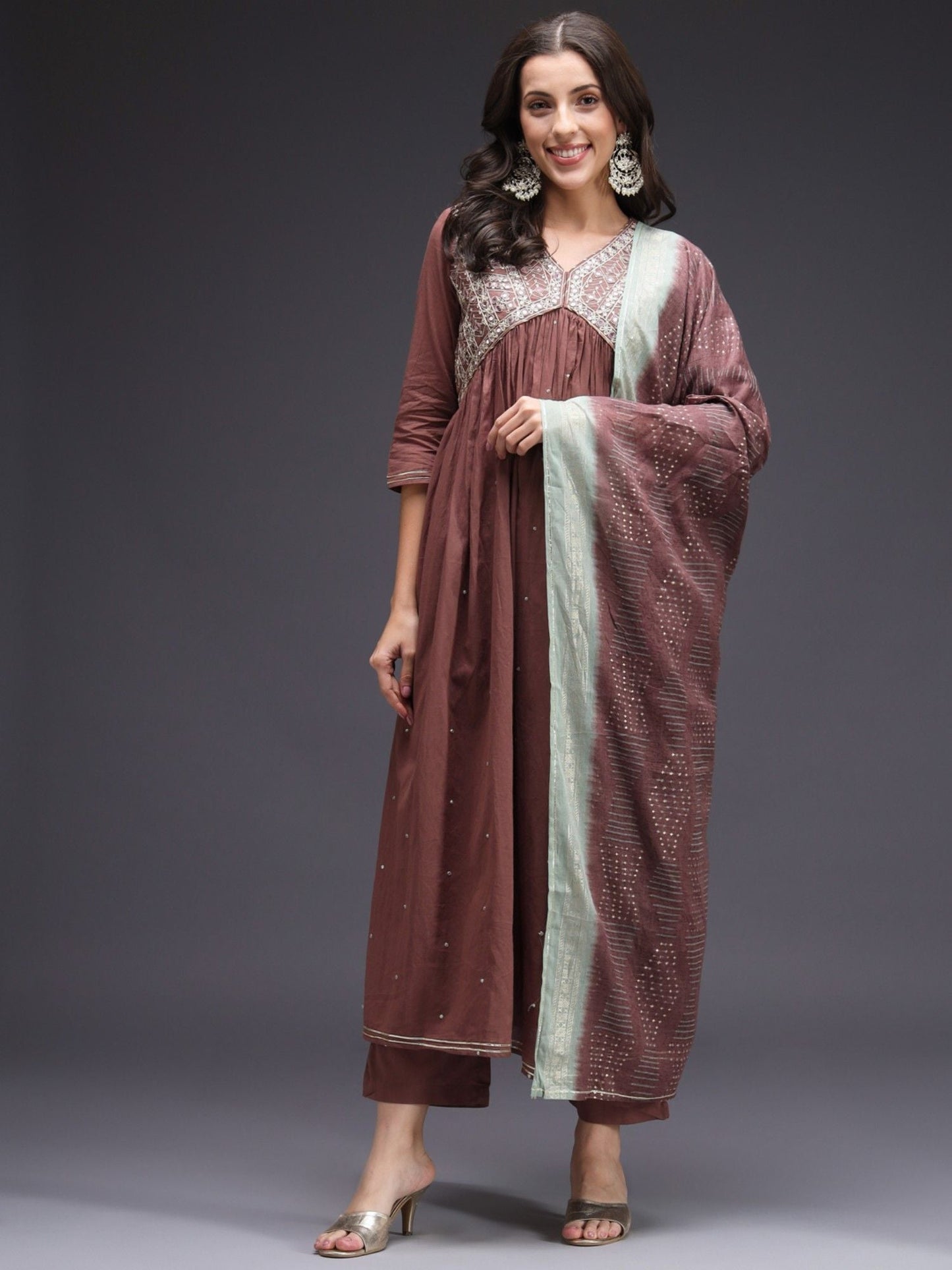 Heeposh Brown Embroidered Cotton Kurta Pants with Mulmul Dupatta (Set of 3)