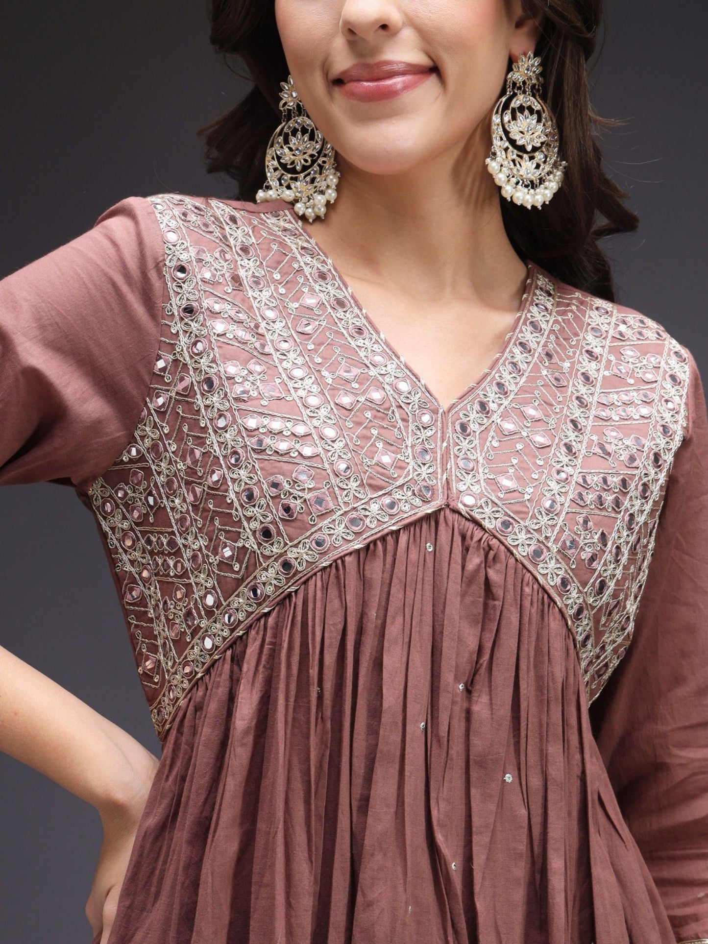 Heeposh Brown Embroidered Cotton Kurta Pants with Mulmul Dupatta (Set of 3)