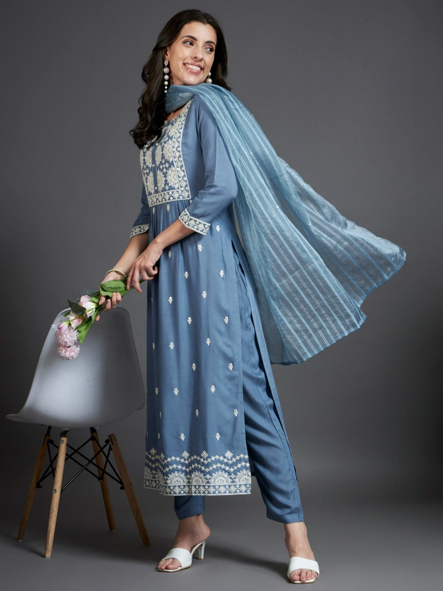 Heeposh Embroidered Straight Kurta and Pants with Printed Dupatta (Set of 3)