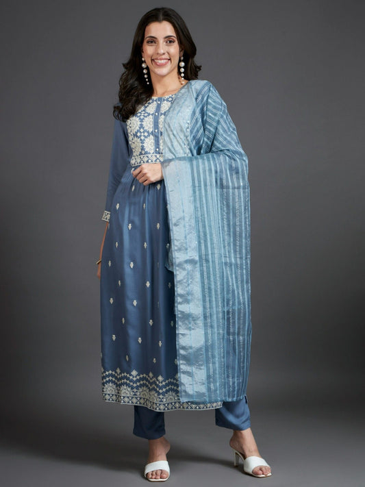 Heeposh Embroidered Straight Kurta and Pants with Printed Dupatta (Set of 3)
