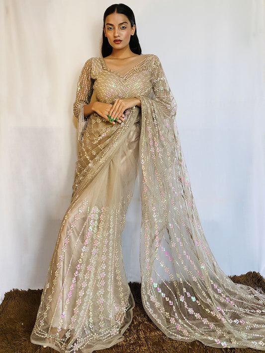 Odette Designer Beige Net Sequins Saree with Unstitched Blouse