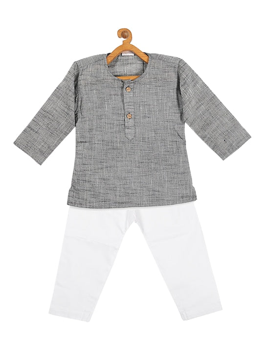 Vastramay Sishu Boys Grey and White Pure Cotton Kurta with Pyjama