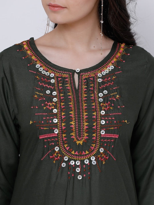 Vishudh Women Olive Green Yoke Design Straight Kurta