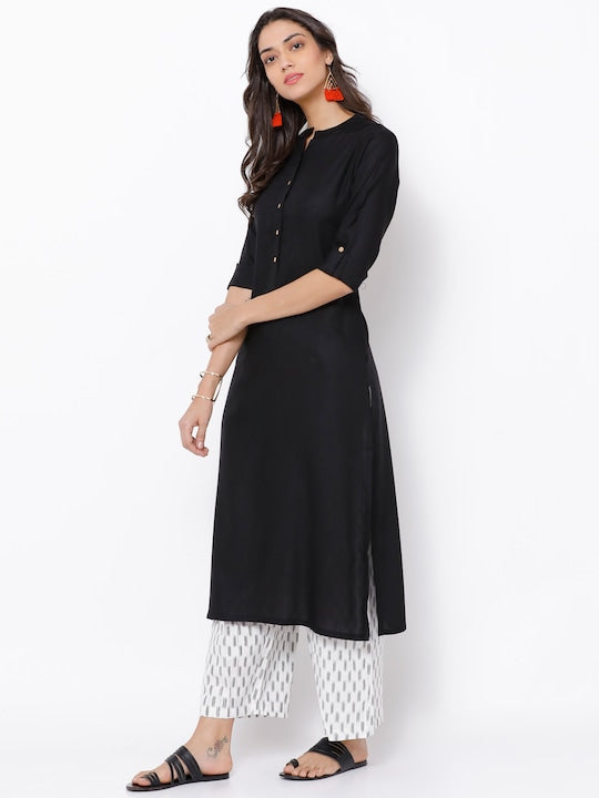 Vishudh Women Black Solid Straight Kurta