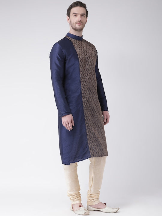 Deyann Men Navy Blue & Cream-Coloured Self Design Kurta with Churidar