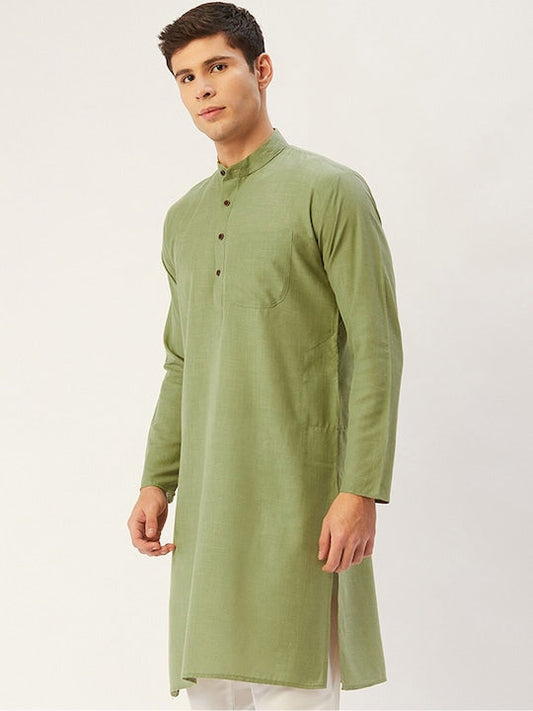 Jompers Men Olive Green Cotton Solid Straight Kurta