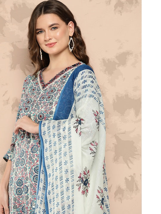Yufta Women Floral Printed Regular Pure Cotton Kurta with Trousers & With Dupatta