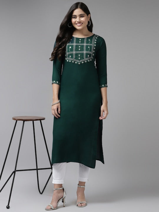 Yufta Women Green Ethnic Motifs Yoke Design Thread Work Kurta