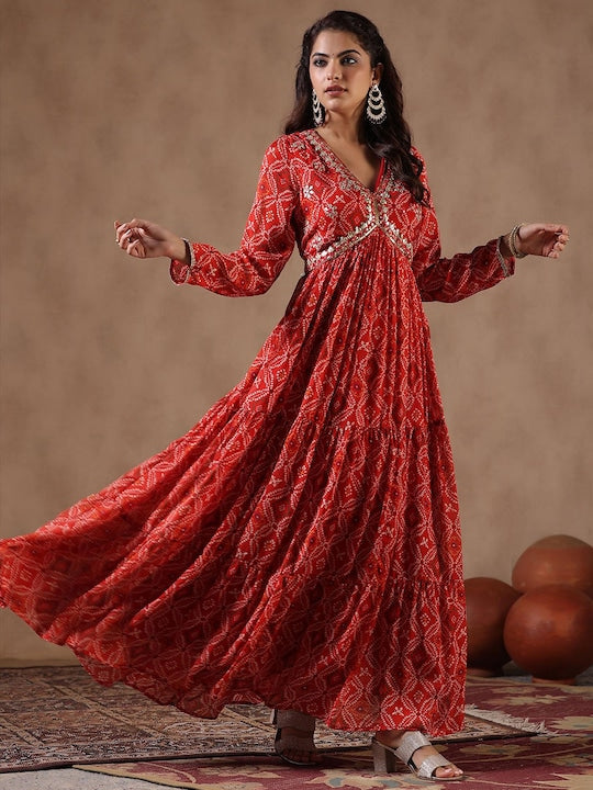 Scakhi Bandhani Printed Gathered Detail Chinon Silk Empire Maxi Length Ethnic Dress