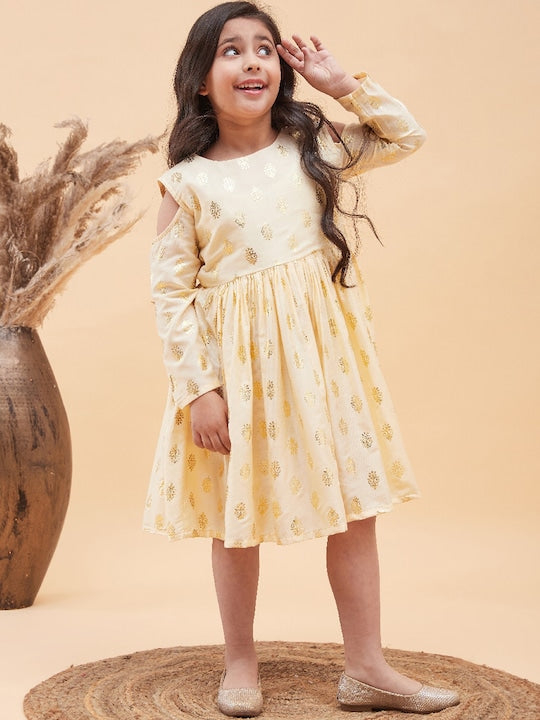 Vastramay Girls Foil Printed Cold-Shoulder Fit and Flare Ethnic Dress