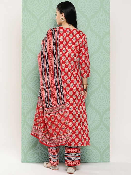 Yufta Floral Printed Regular Sequinned Pure Cotton Kurta with Trousers & With Dupatta