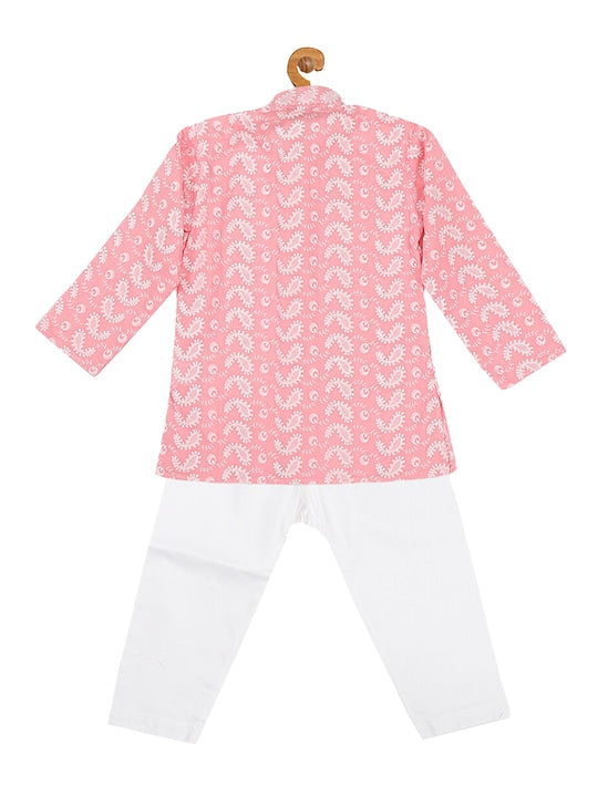 Vastramay Sishu Boys Pink Paisley Embroidered Chikankari Pure Cotton Kurta with Pyjama