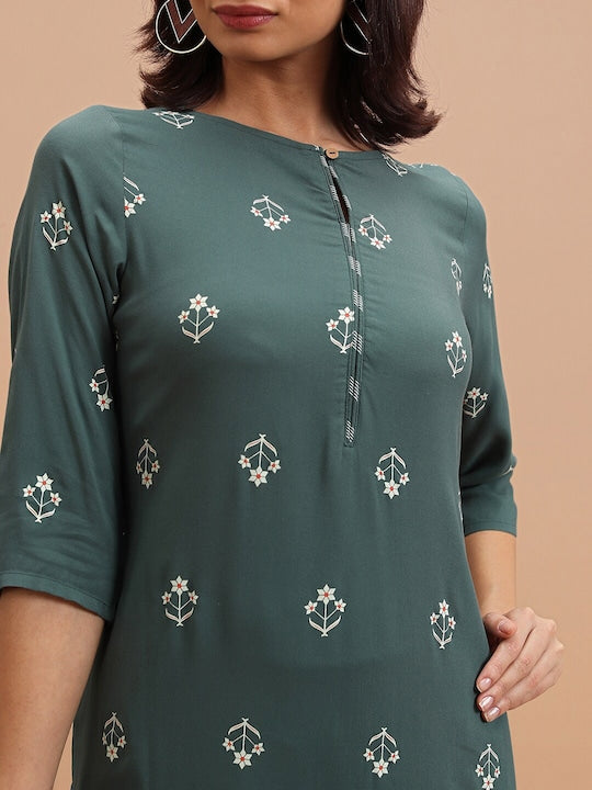 Vishudh Olive Green Floral Printed Keyhole Neck Straight Kurta